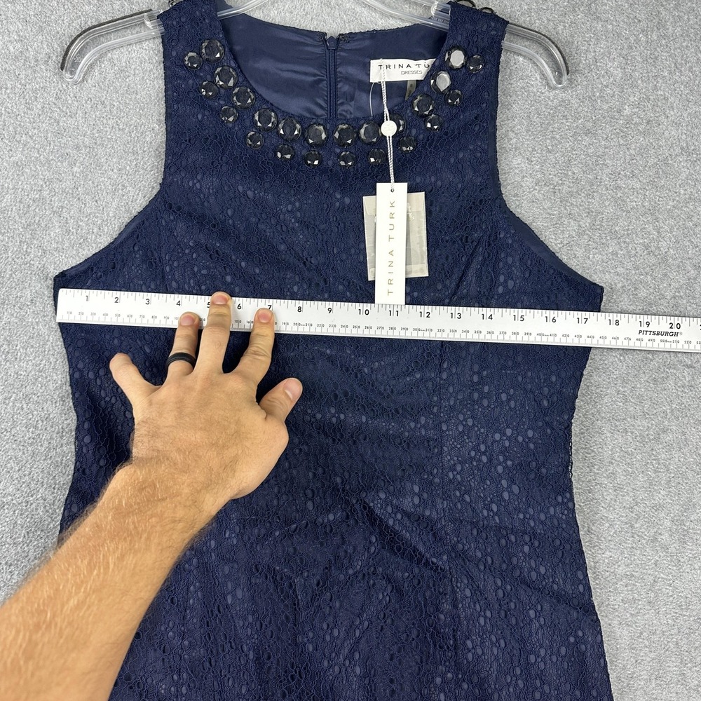 Trina Turk Dress Womens 8 Navy Blue Sleeveless Beaded Neck Lace Cocktail Party - Picture 4 of 11